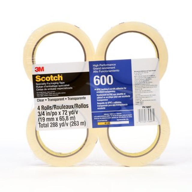 Scotch® LD Pkg Tape 600 Clear High Clarity, 3/4inx72yd