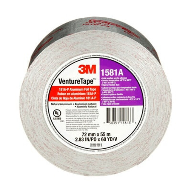 3M Venture Tape UL181A-P Aluminum Foil Tape 1581A, Silver, 72 mm x 55
 m, 2 mil, 16 rolls per case