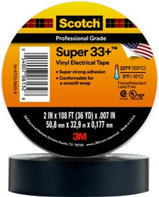 Scotch Super 33+ Vinyl Electrical Tape, 2 in X 36 yd, 1 in Core, Black,1 roll/carton, 25 rolls/Case 85772