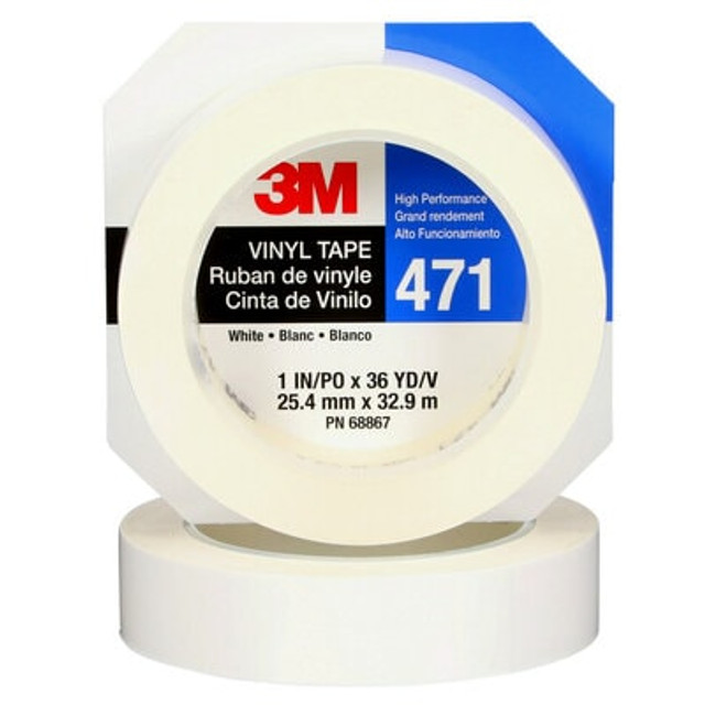 3M Vinyl Tape 471, White, 1 in x 36 yd, 5.2 mil, 36 rolls per case