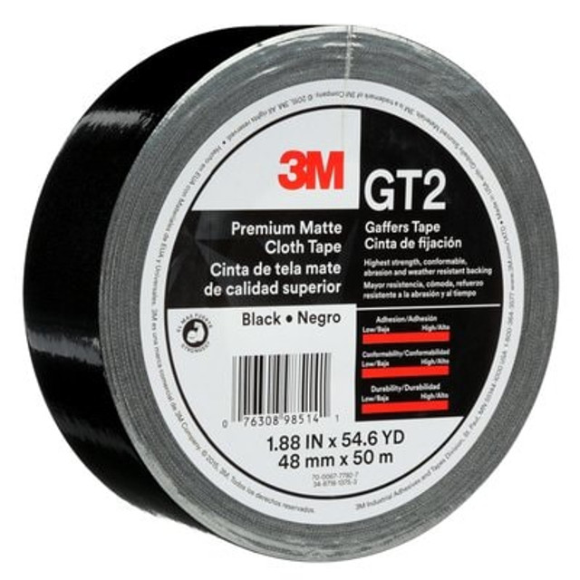 3M Prem Matte Cloth (Gaff) Tape GT2 Black, 48 mm x 50 m 11 mm