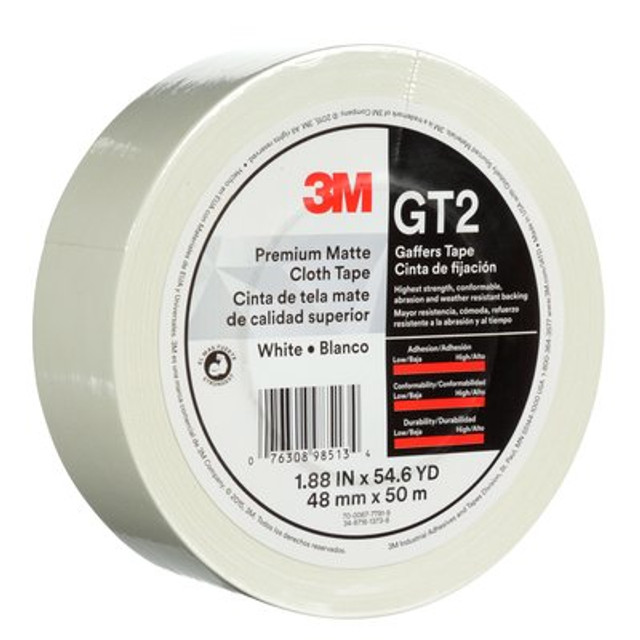 3M Prem Matte Cloth (Gaff) Tape GT2 White, 48 mm x 50 m 11 mil