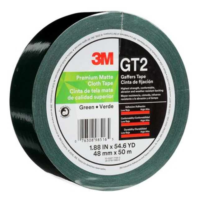 3M Prem Matte Cloth (Gaff) Tape GT2 Green, 48 mm x 50 m, 11 mm