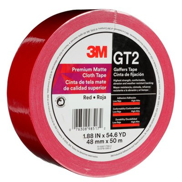 3M Premium Matte Cloth (Gaff) Tape GT2 Red, 48 mm x 50 m, 11 mm