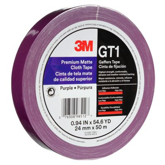 3M Prem Matte Cloth (Gaff) Tape GT1 Purple, 24 mm x 50 m 11 mm