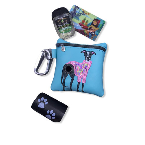 Poopie Pouch - Greyhound in Pink Sweater Aqua LINED
