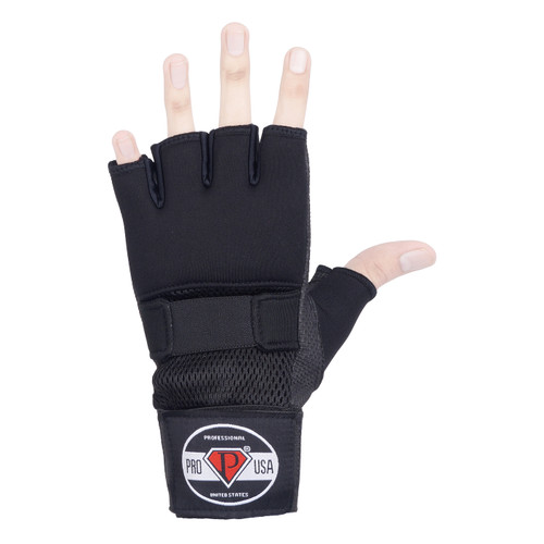 Comfortable and conforming neoprene glove with gel knuckle and fist insert for superior coverage, comfort and protection. Wear under gloves or alone in place of traditional hand wraps. Full wraparound elastic wrist strap keeps gloves secure and snug on hands during training. Nylon mesh inserts help hands breathe during workouts. Elastic metacarpal strap helps provide additional security to hands and fist.