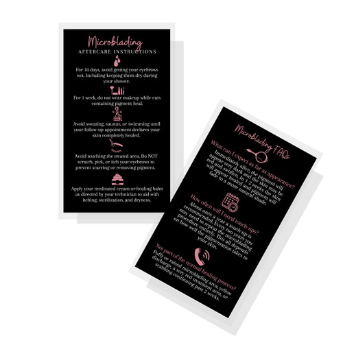 Microblading Aftercare Cards | 50 Pack | Size 3.5 x 2"  PMU Black with Rosey Pink Color Design