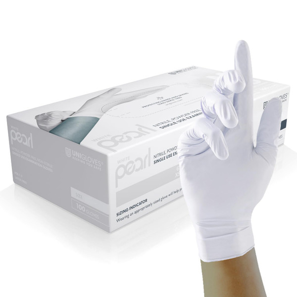 Unigloves White Pearl Nitrile Examination Gloves  Box of 100 Gloves, White, Medium (GP0023)