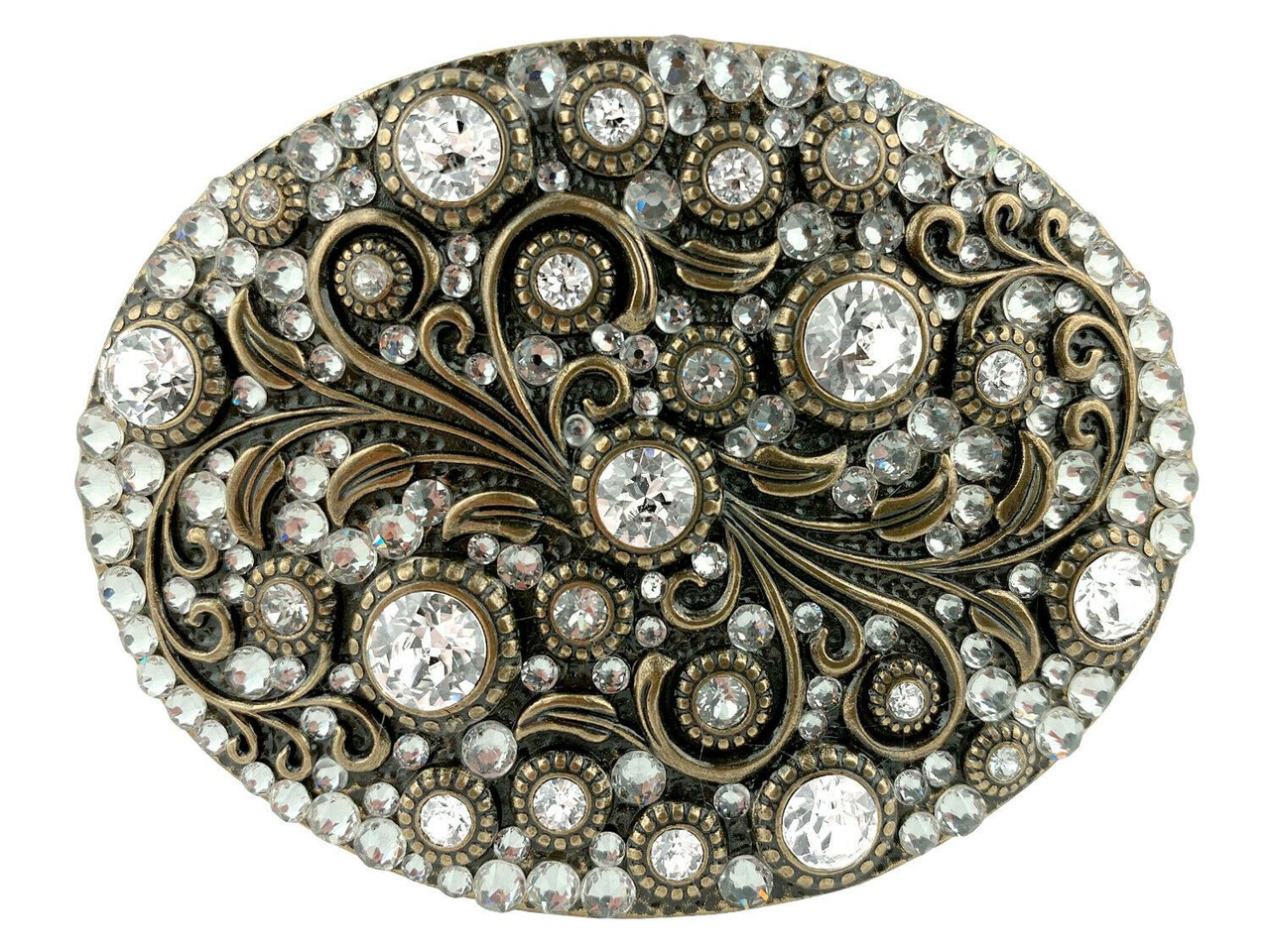 Rhinestone Crystal Belt Buckle Brass Oval Floral Engraved Buckle BrassFull Crystal