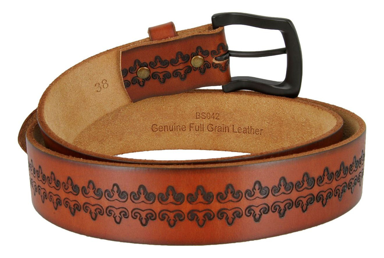 Western Floral Engraved Belt | Full Grain Genuine Leather 1.5" Wide | Antique Brass Buckle | Interchangeable Snap