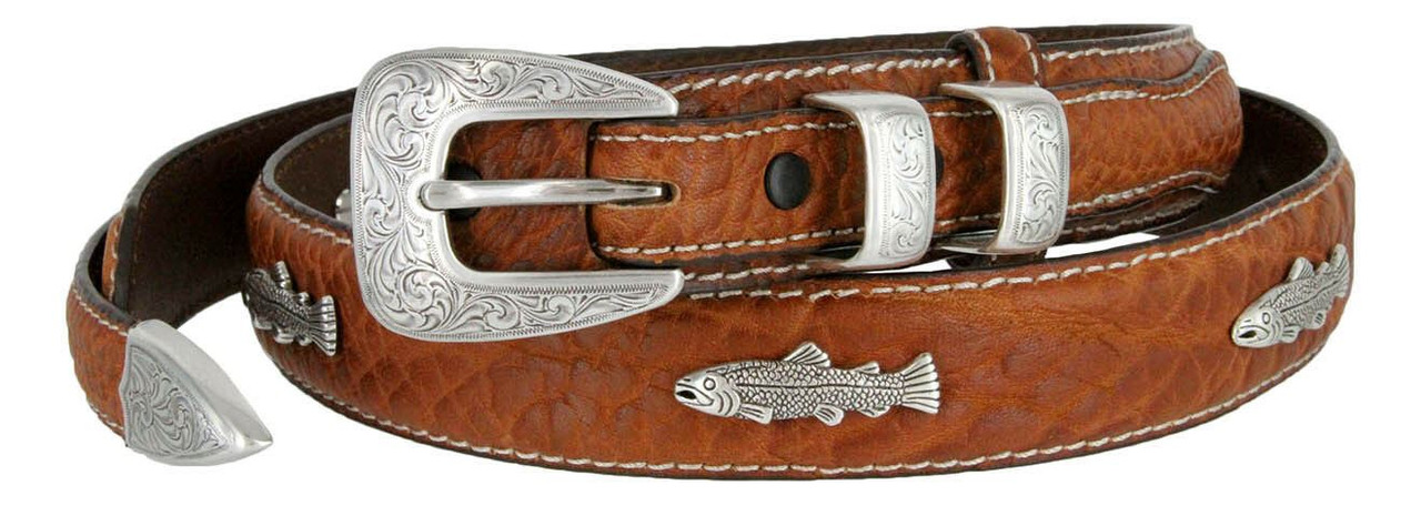 Western Silver Engraved Fish Conchos Belt Genuine Leather Bison Ranger ...