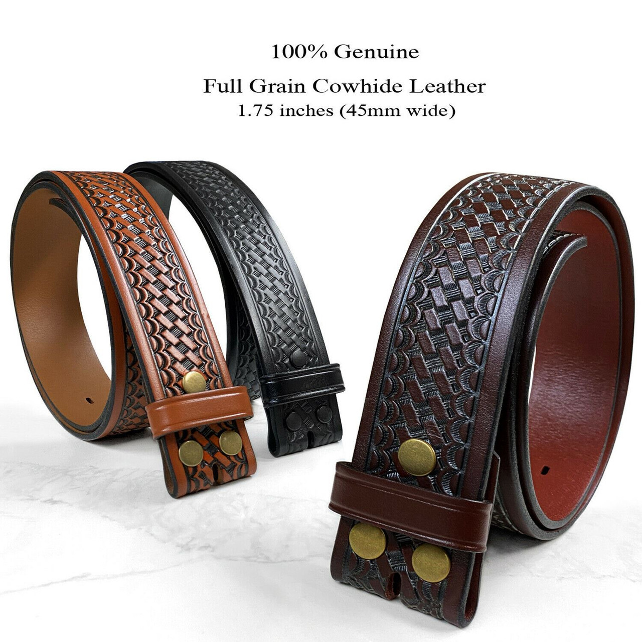 Massachusetts Full Grain Cowhide Leather Belt – 1.5" Wide Basketweave, Black/Brown/Tan, 7 Holes, Fits Standard Buckles