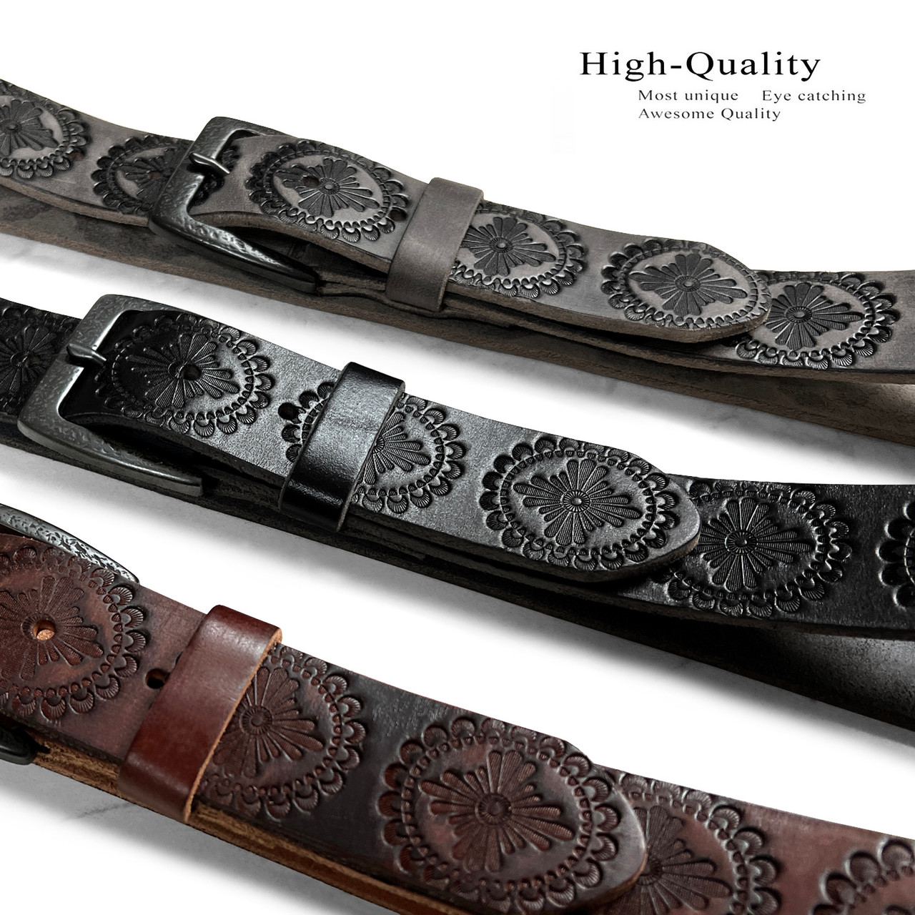 BS085 Genuine Full Grain Engraved Embossed Leather Belt Strap with