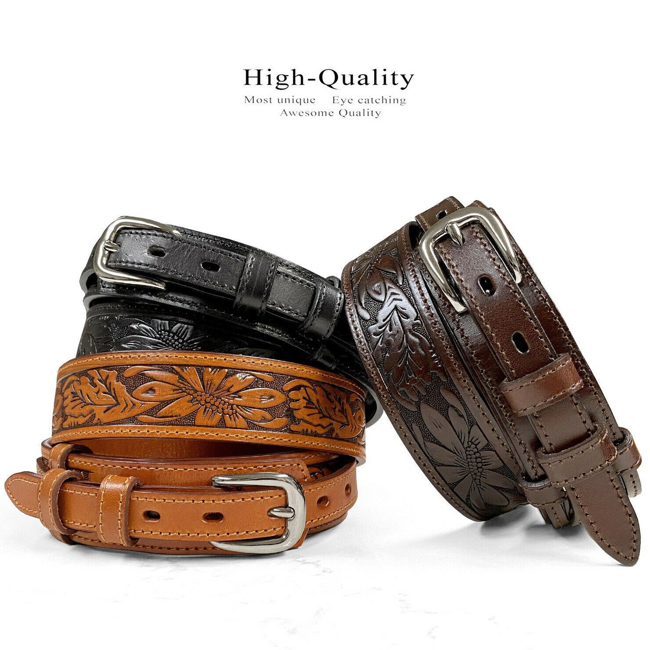 Genuine Full Grain Leather Basketweave Tooled Engraved Western Ranger