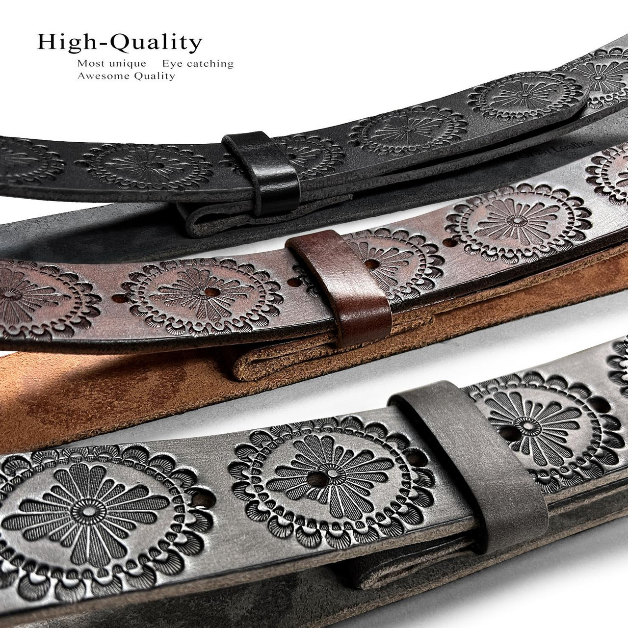 BS070 Genuine Full Grain Engraved Embossed Leather Belt Strap with