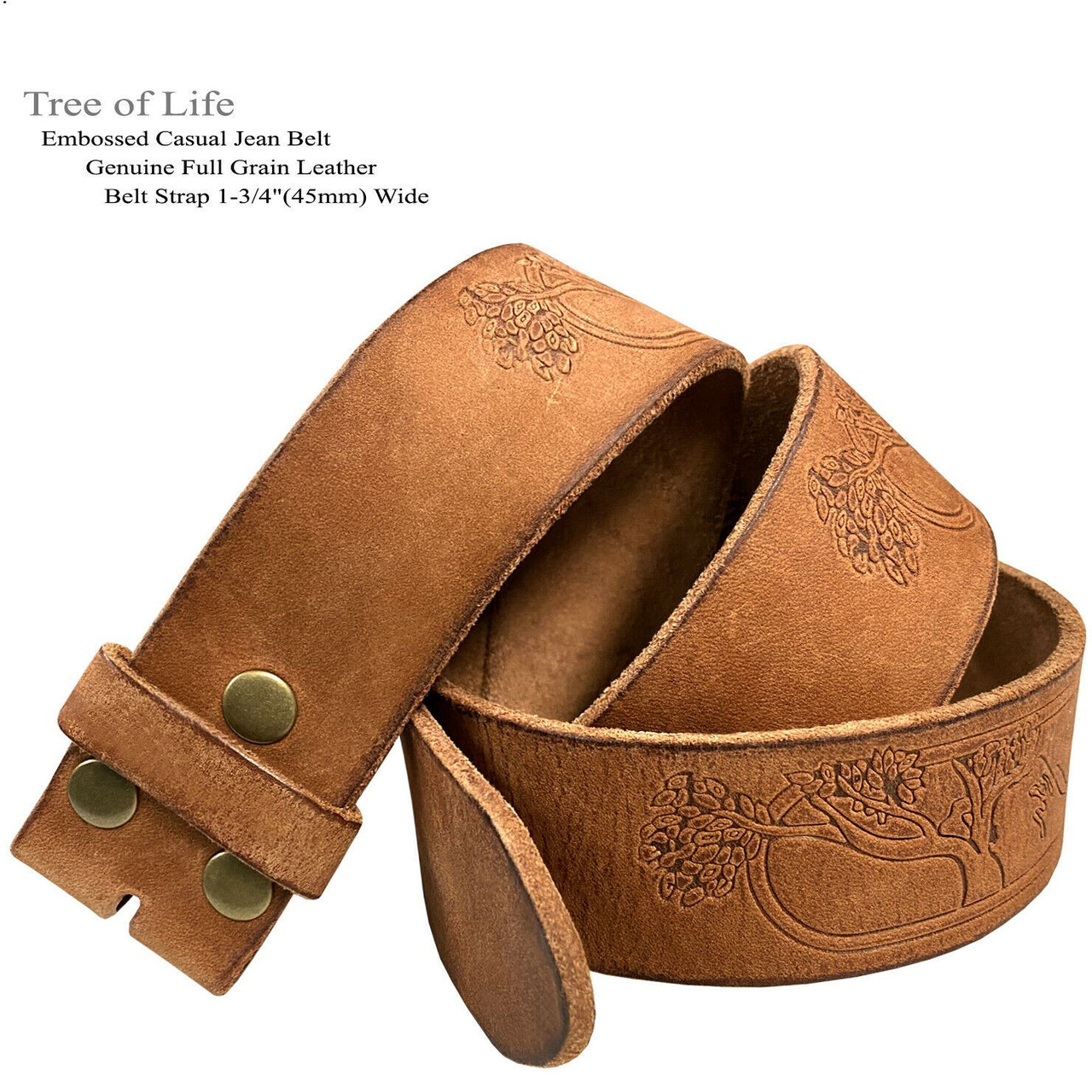 Tree of Life Embossed Casual Jean Belt Genuine Full Grain Leather Belt  Strap 1-3/4