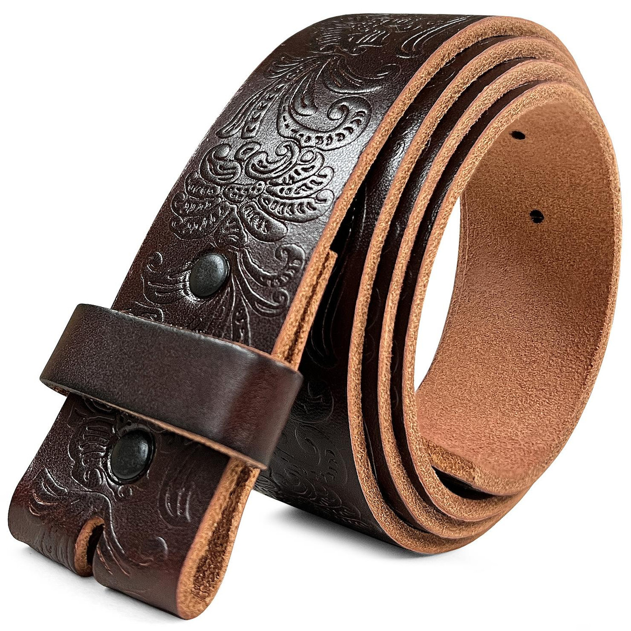 F&L CLASSIC Belt for buckle Western Leather Engraved Tooled Strap w/Snaps  for Interchangeable Buckles