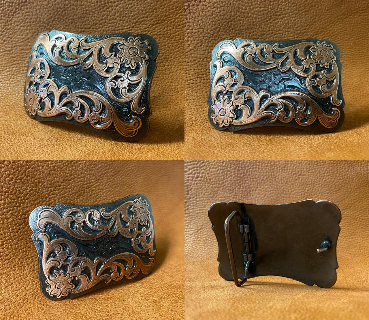 P3984 Antique Gold Western Floral Engraved Belt Buckle Fits 1.5(38mm) Wide Strap
