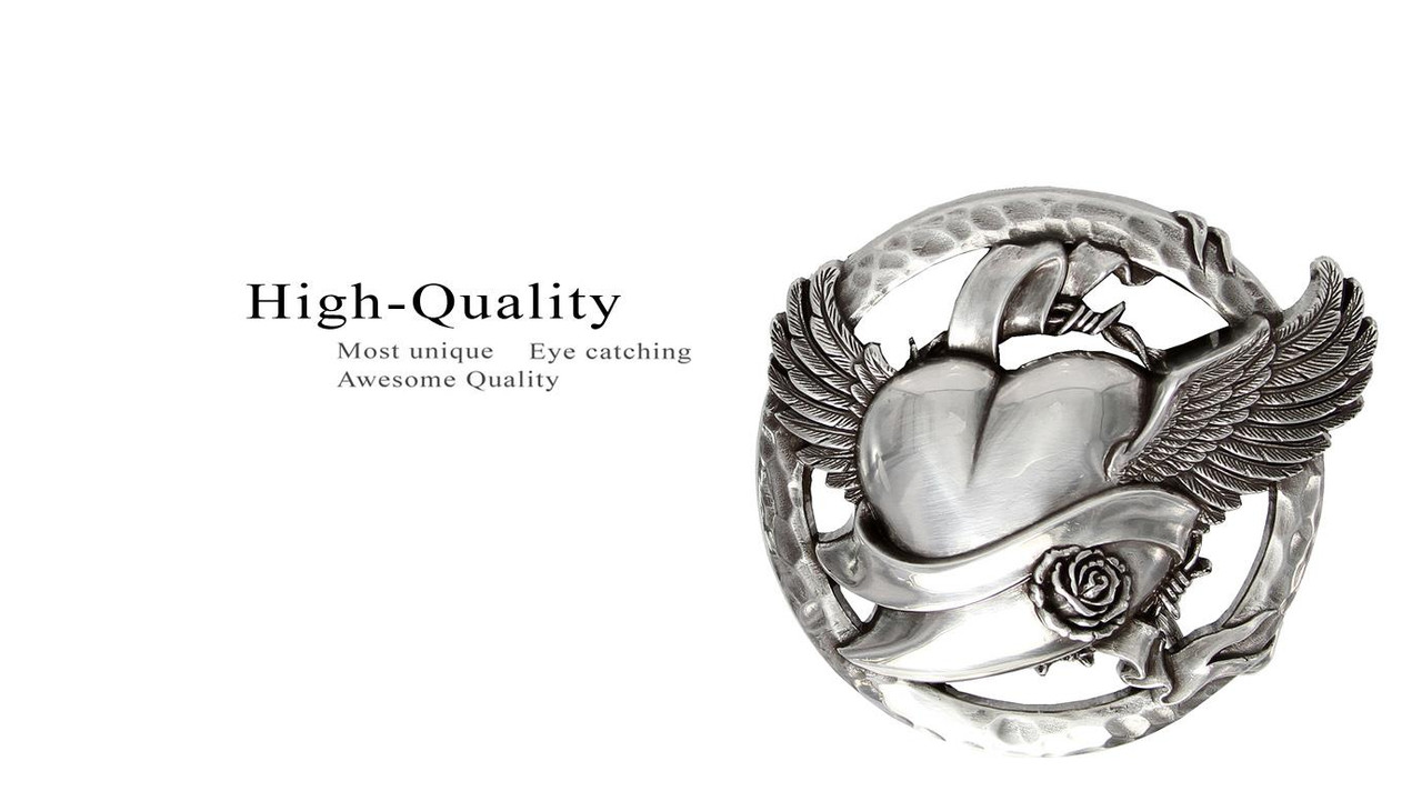 HA1353 Antique Engraved Flying Heart Belt Buckle Fits 1-1/2 Wide Belt 