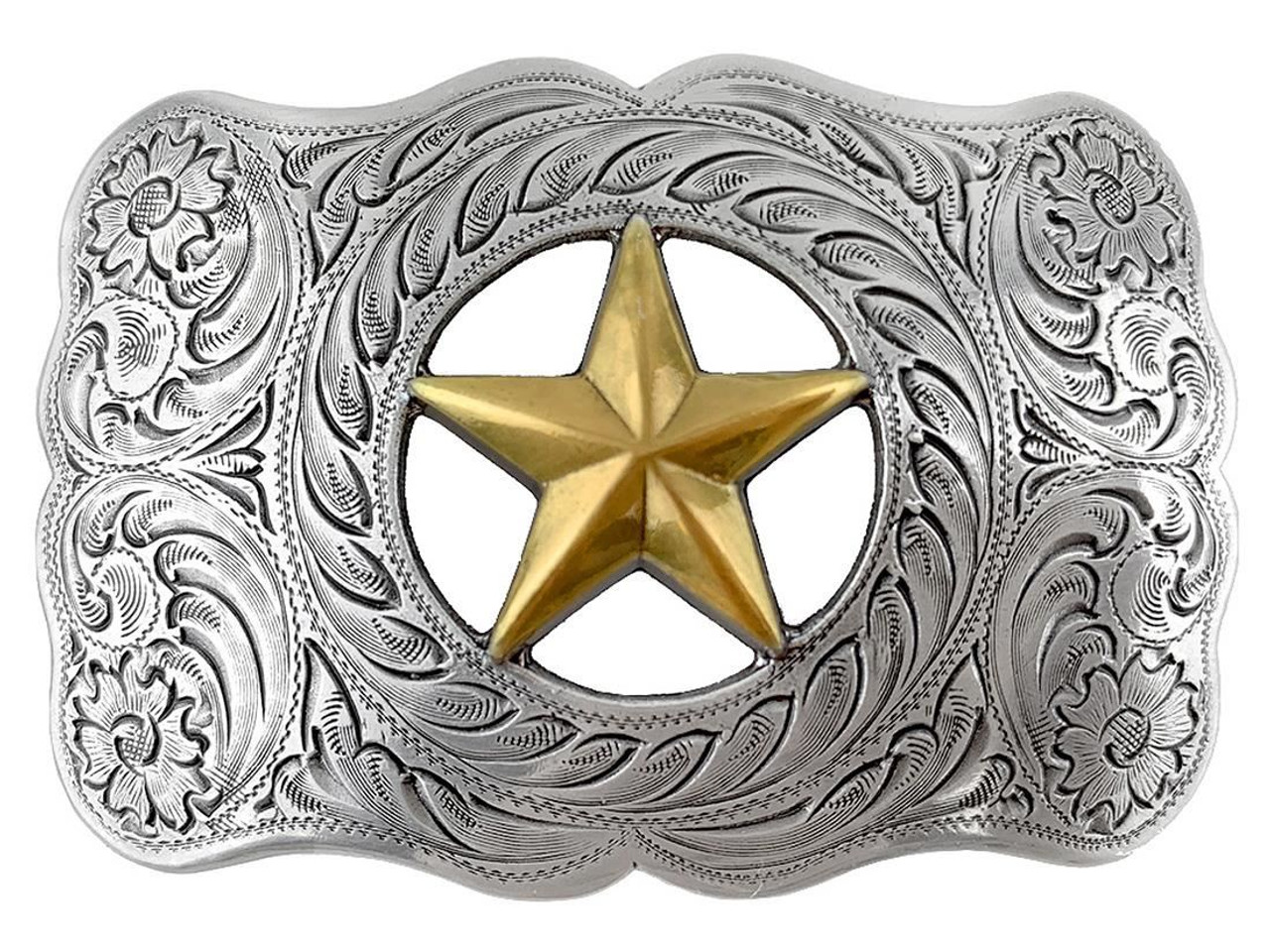 H8459 Texas Ranger Star Gold and sterling silver engraved Western Belt  Buckle
