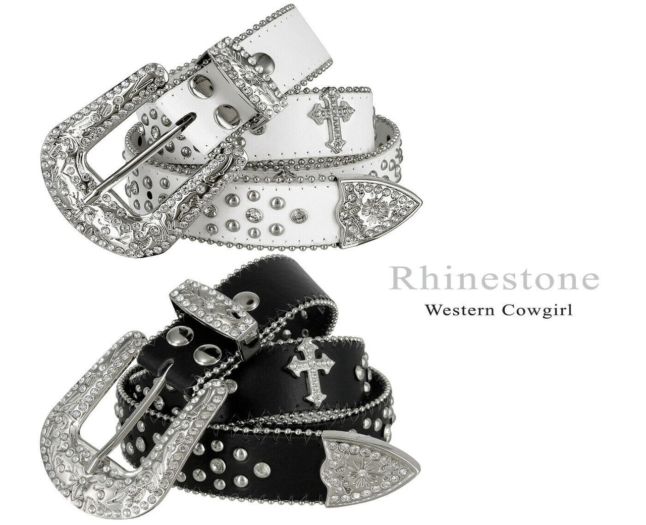 50127 Rhinestone Belt Fashion Western Bling Crystal Genuine Leather Belt  1-1/2