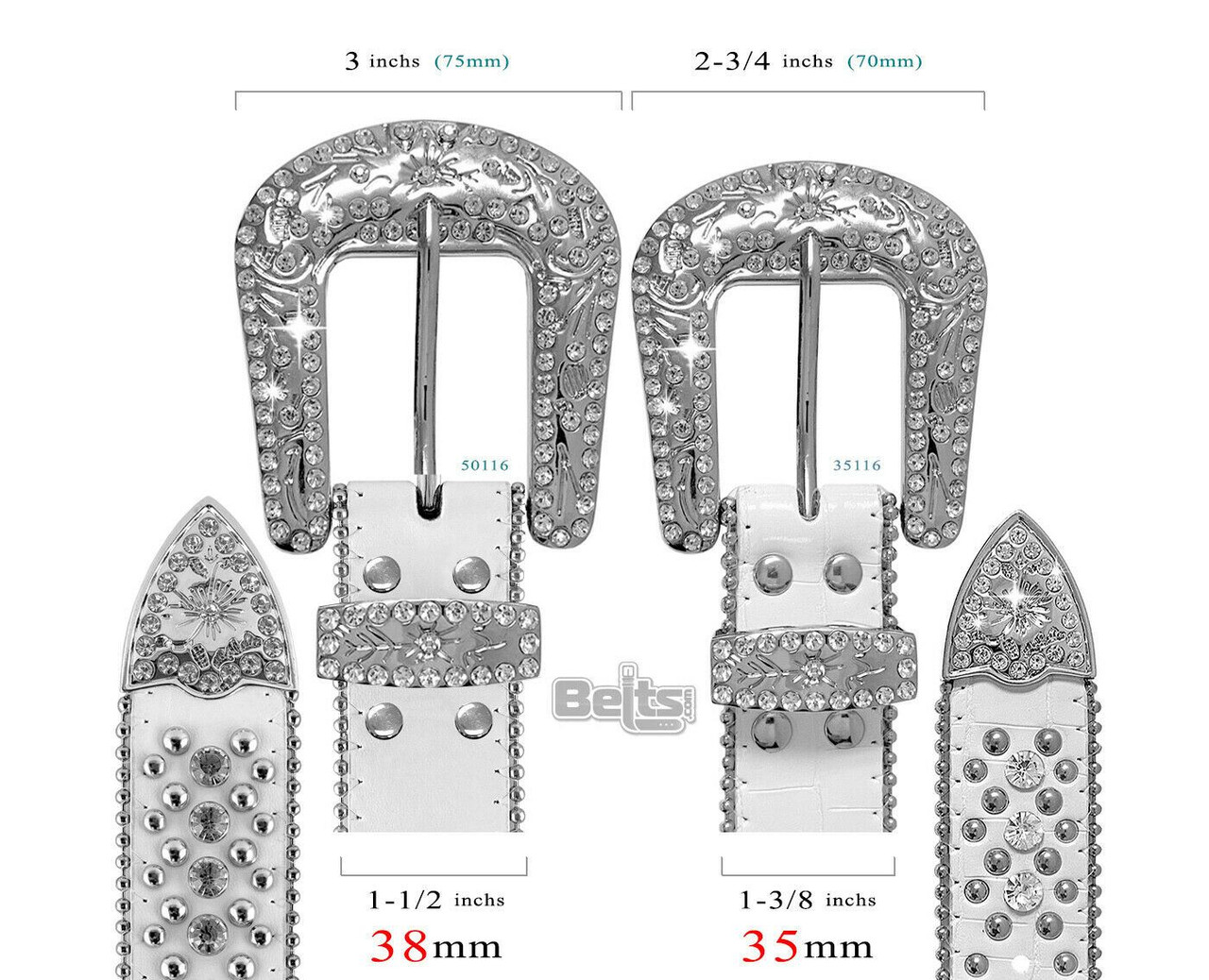 50116 Women Rhinestone Belt Fashion Western Cowgirl Bling Studded Design  Leather Belt 1-1/2(38mm) wide-White