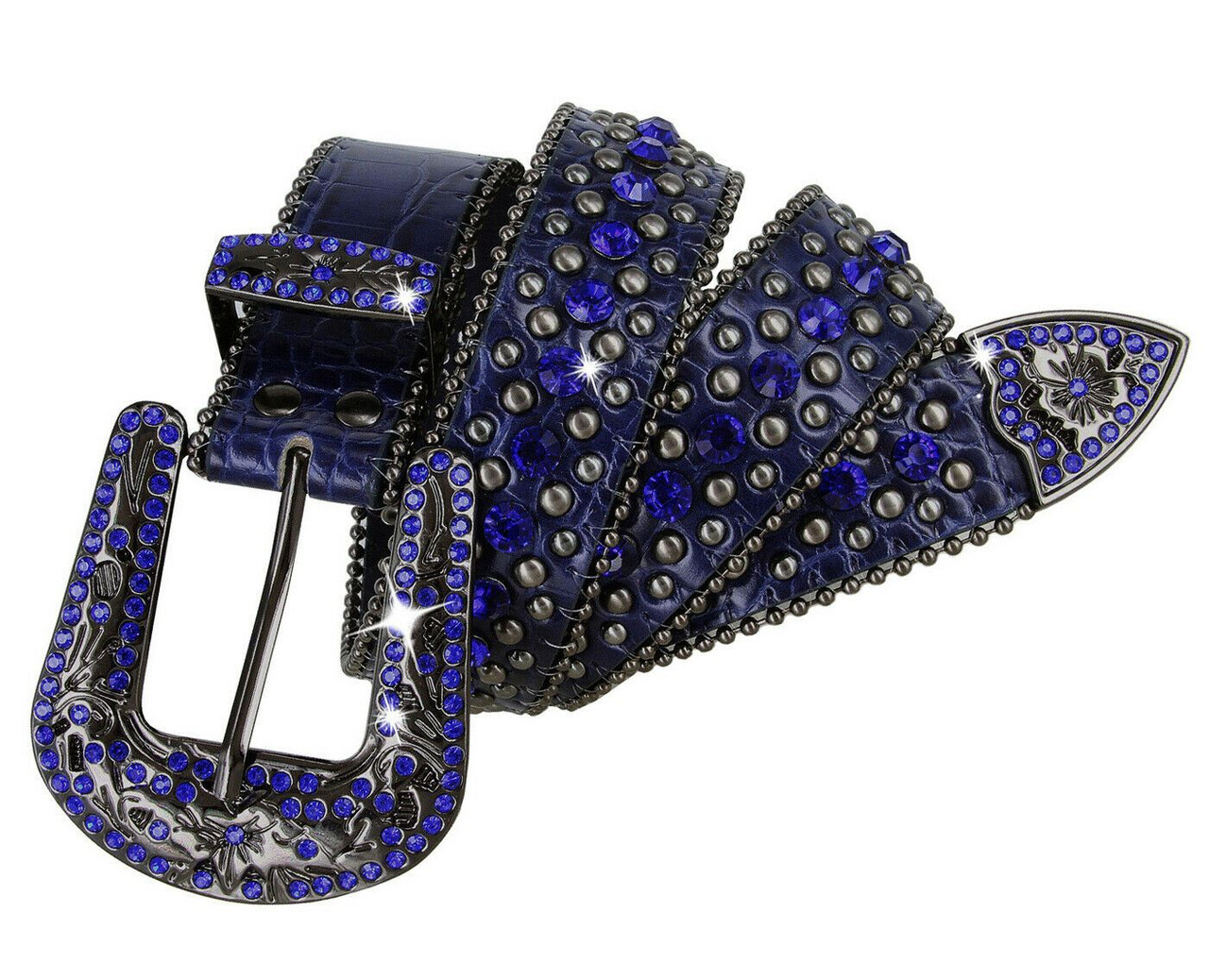 Vintage Rhinestone Belt Western Diamond Embellished Belt Buckle Belt Jeans  Black Blue 48 inch