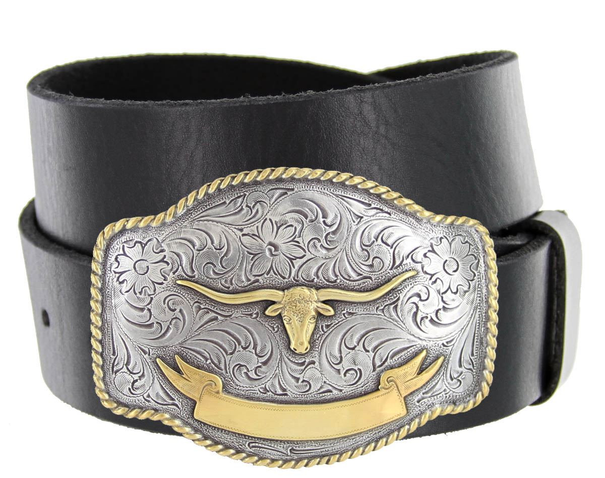 Western Floral Gold Longhorn Buckle Genuine Full Grain Western Floral Gold Longhorn Buckle Genuine Full Grain