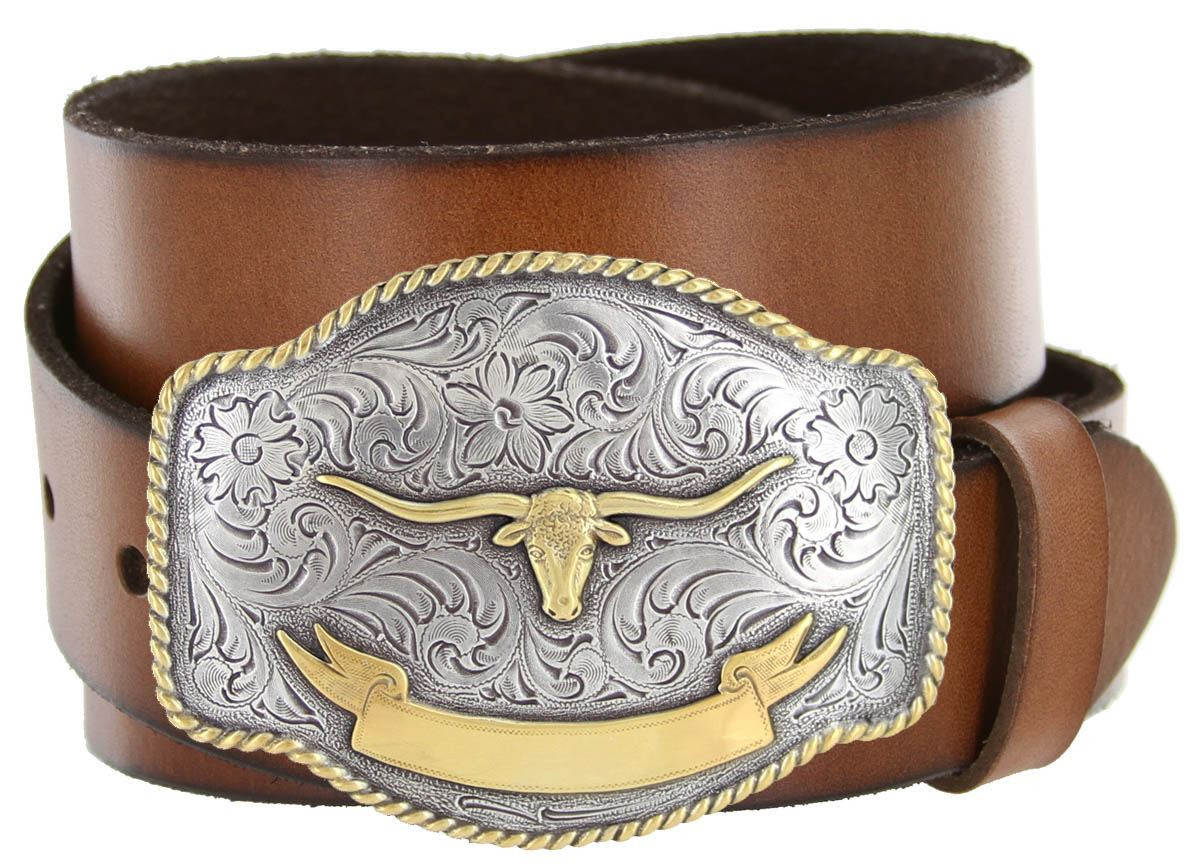 Western Floral Gold Longhorn Buckle Genuine Full Grain Leather