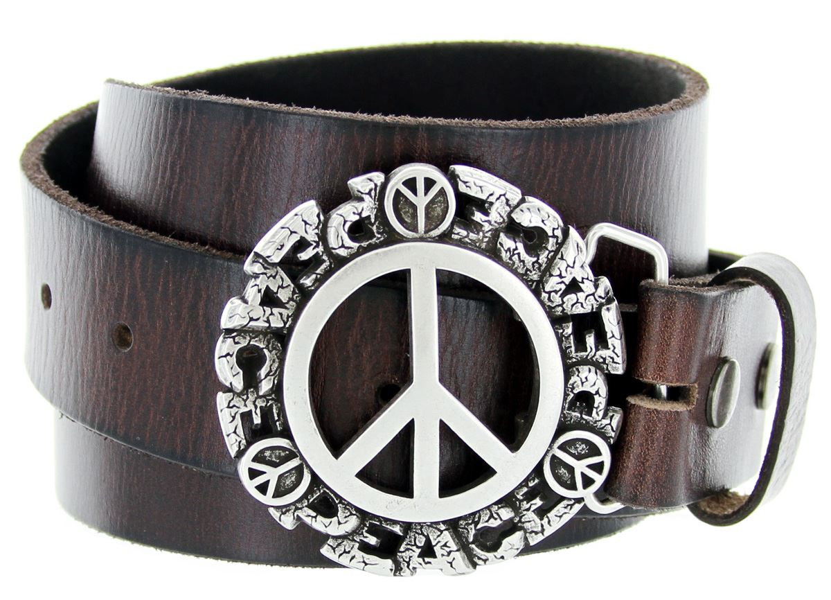 Antique Peace Sign Engraved Buckle Genuine Full Grain  display picture 3