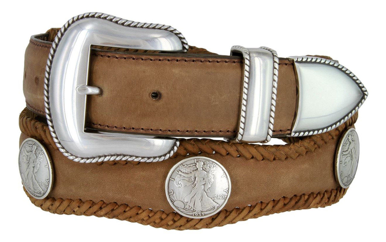 Oregon Trail Coin Conchos Crazy Horse Scalloped Genuine Leather Western Belt  1-1/2(38mm) Wide 
