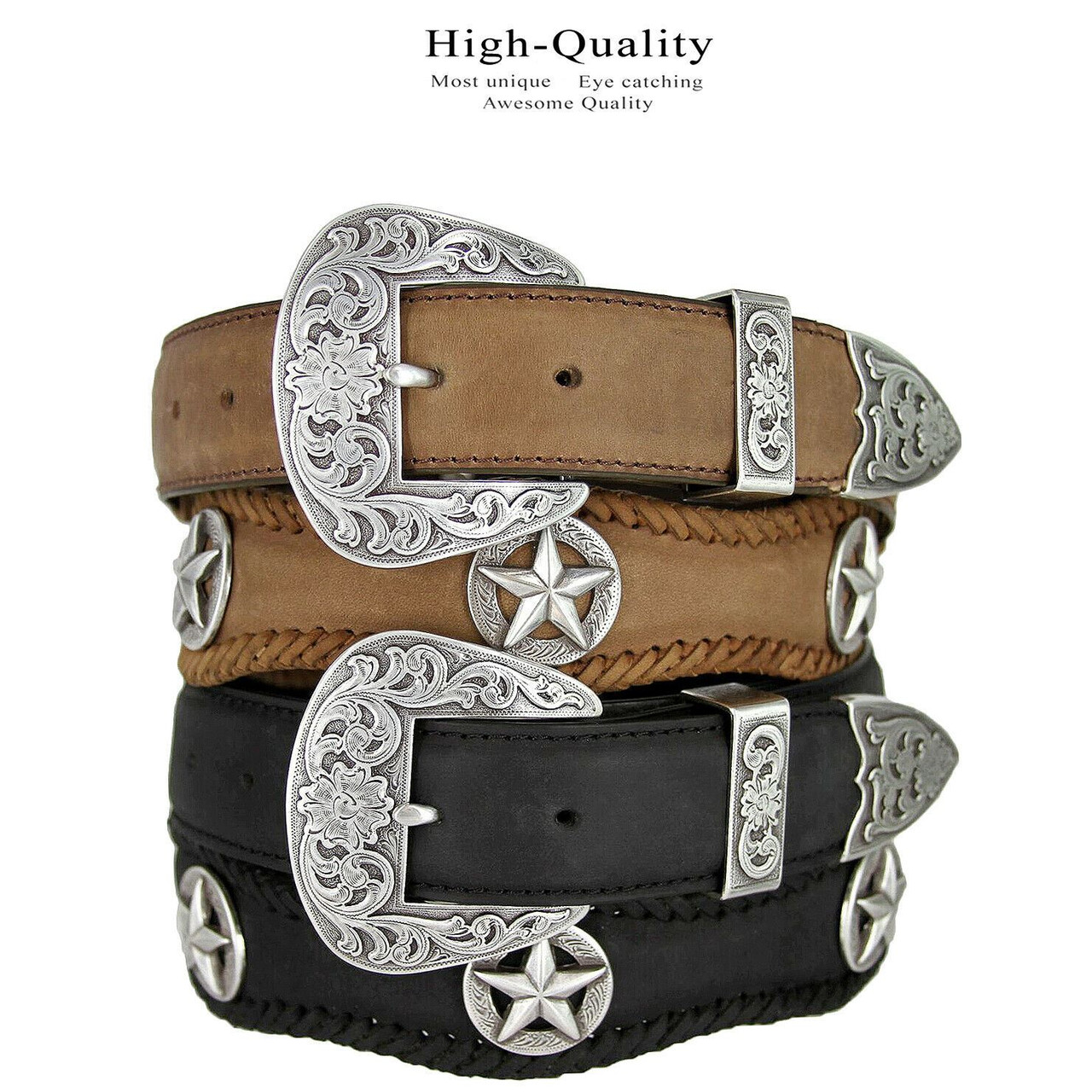 Austin Texas Star Conchos Crazy Horse Scalloped Genuine Leather Western  Belt 1-1/2