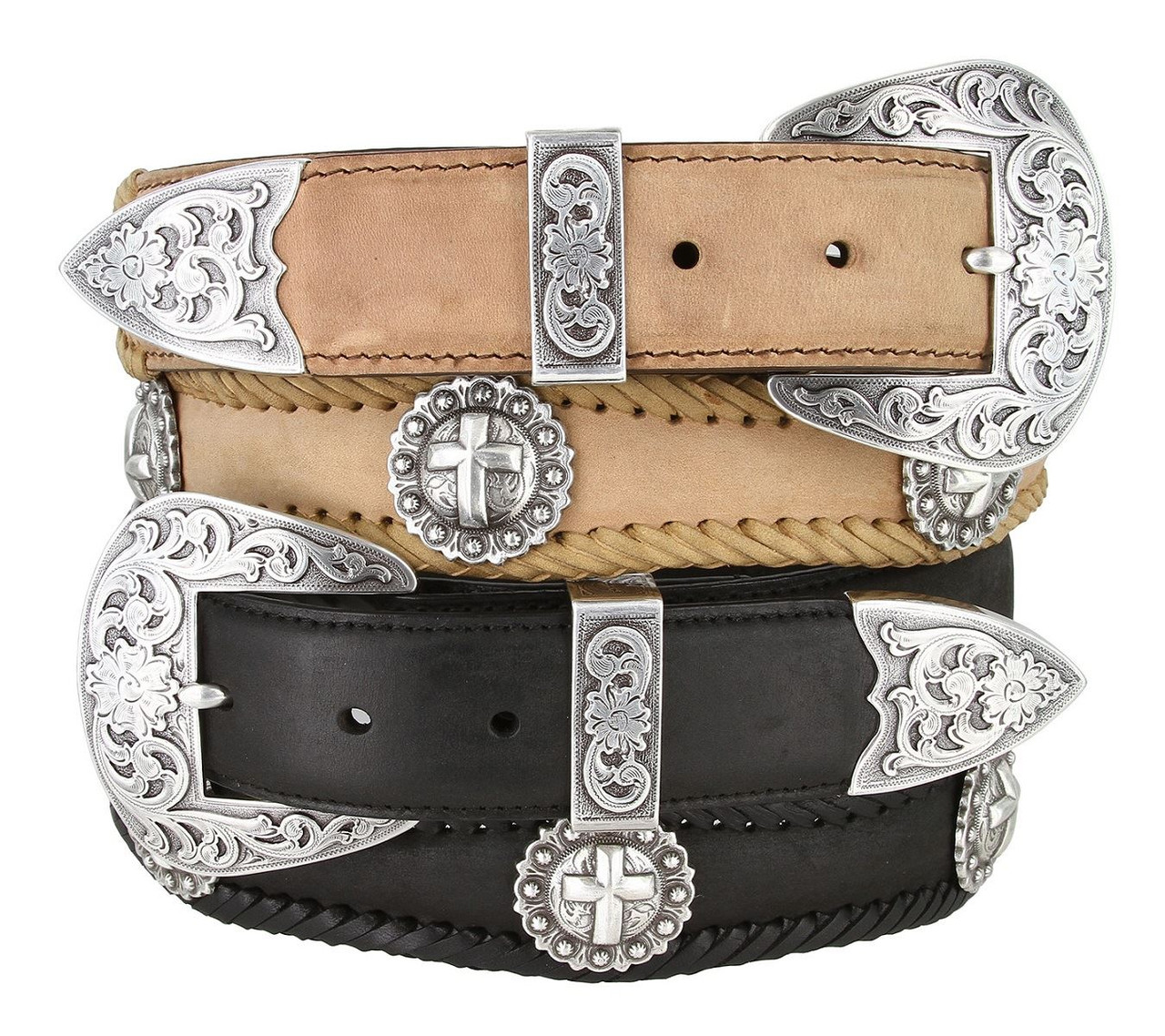 Silver Cross Conchos Crazy Horse Scalloped Genuine Leather Western