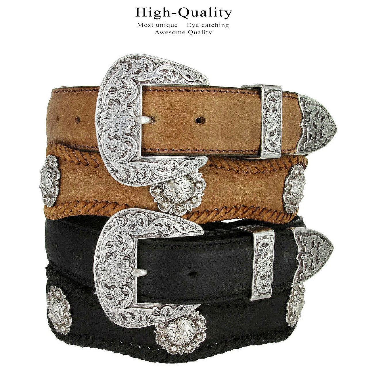 Fort Worth Cowboy Cowgirl Western Belt Crazy Horse Scalloped Genuine  Leather Belt 1-1/2