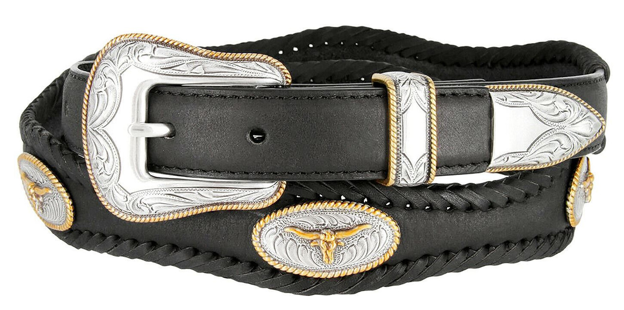 State of Texas Silver Star Conchos Crazy Horse Scalloped Genuine Leather  Western Belt 1(25mm) Wide 