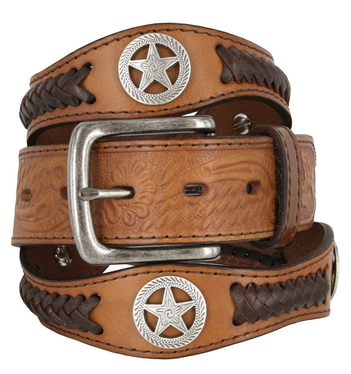 Antique Buckle Star Conchos Western Floral Engraved Full Grain Leather Belt  1-1/2