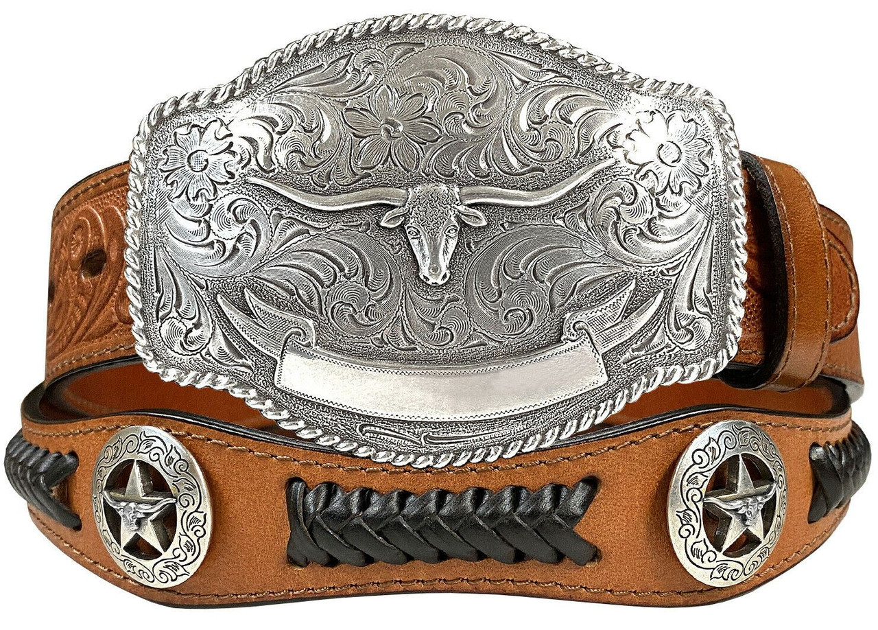 Western Longhorn Buckle Star Conchos Embossed Full Grain Leather