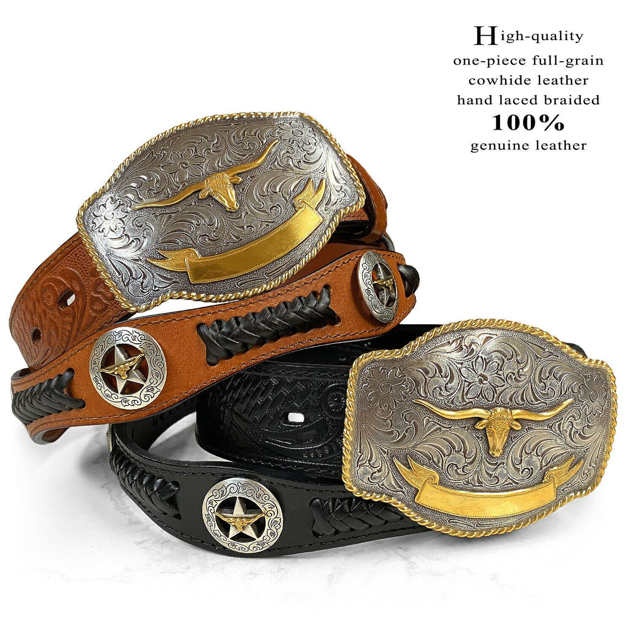 Gold Coloma Concho Western Leather Belt by Diamond V Texas Star