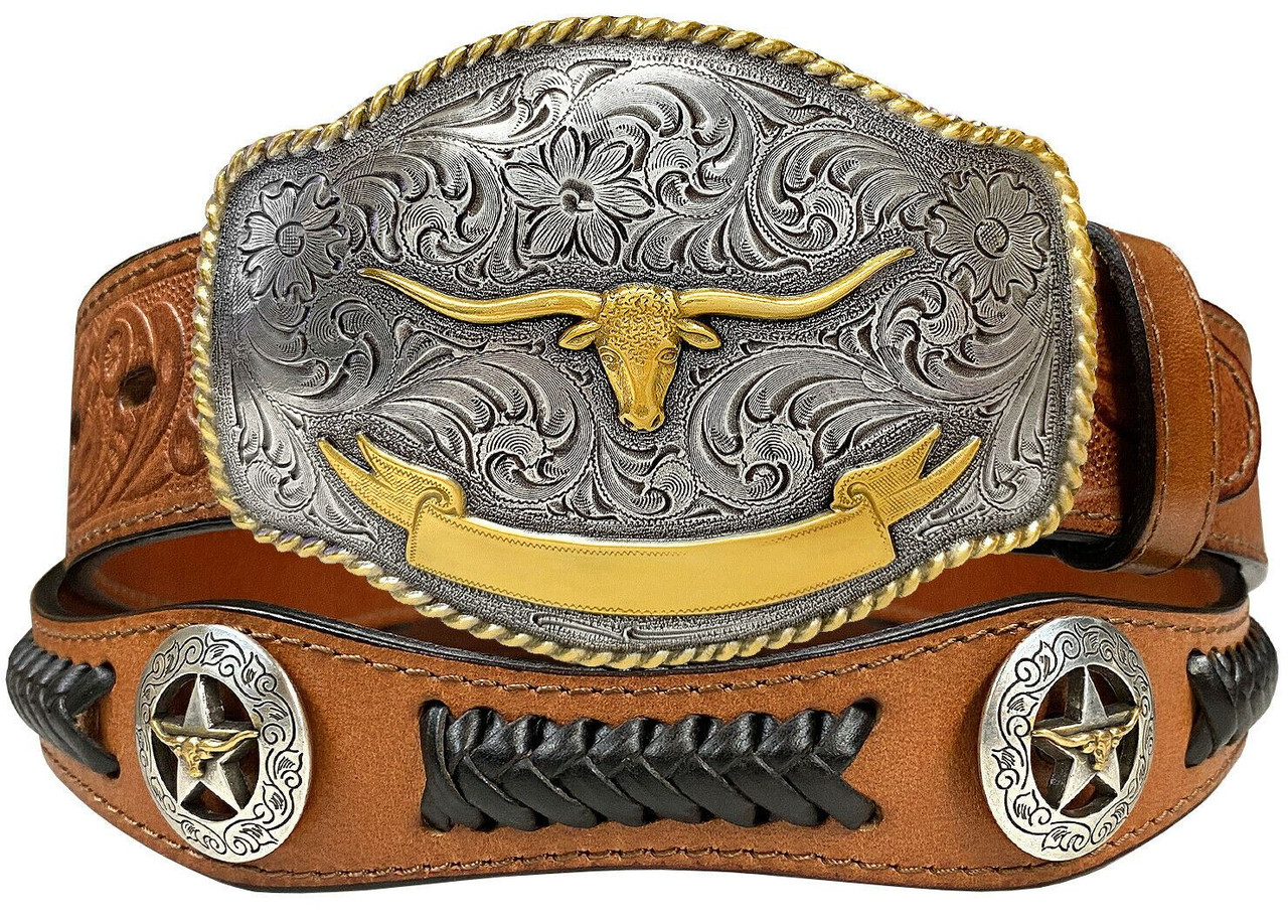 Western Gold Longhorn Buckle Star Conchos Embossed Full Grain Leather Belt  1-1/2 (38mm) Wide
