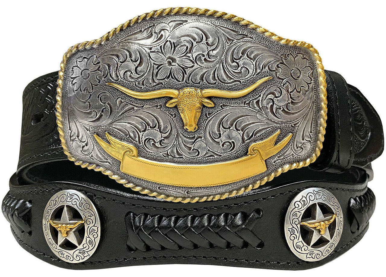 Big Gold Rodeo Belt Buckle with Cowboy Belt Longhorn / Brown / 40-42 (Fit Waist 38-40 in)