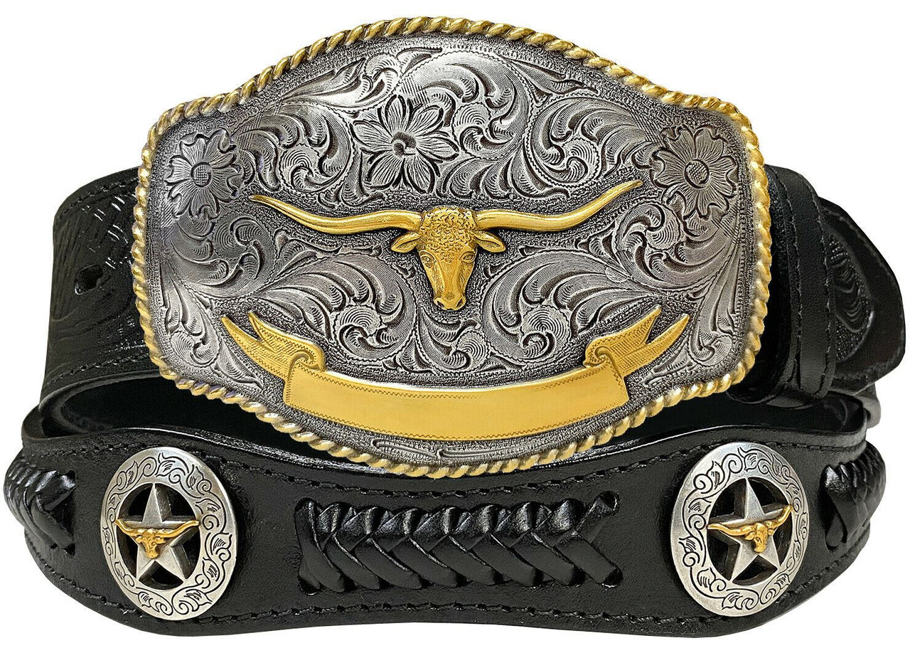 Western Gold Longhorn Buckle Star Conchos Embossed Full