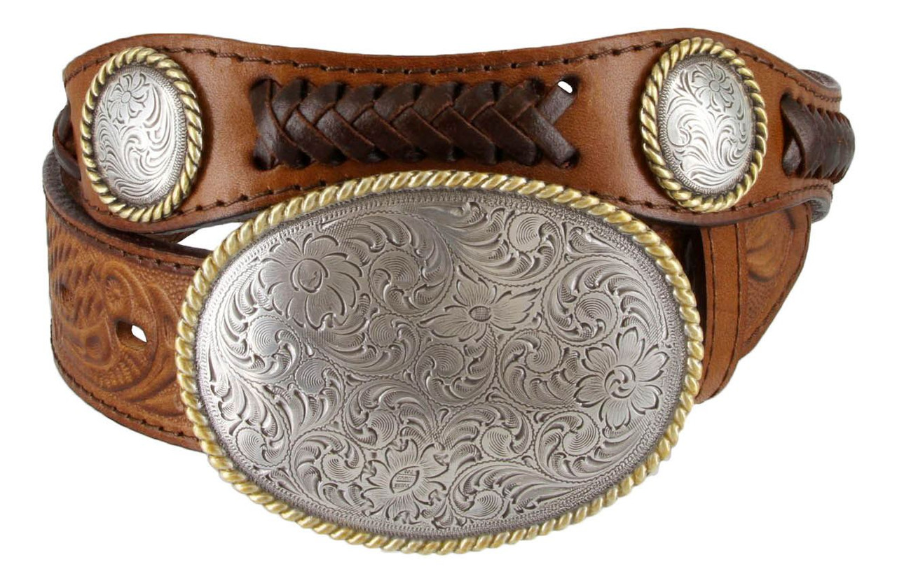 Western Gold Longhorn Buckle Star Conchos Embossed Full Grain Leather Belt  1-1/2 (38mm) Wide