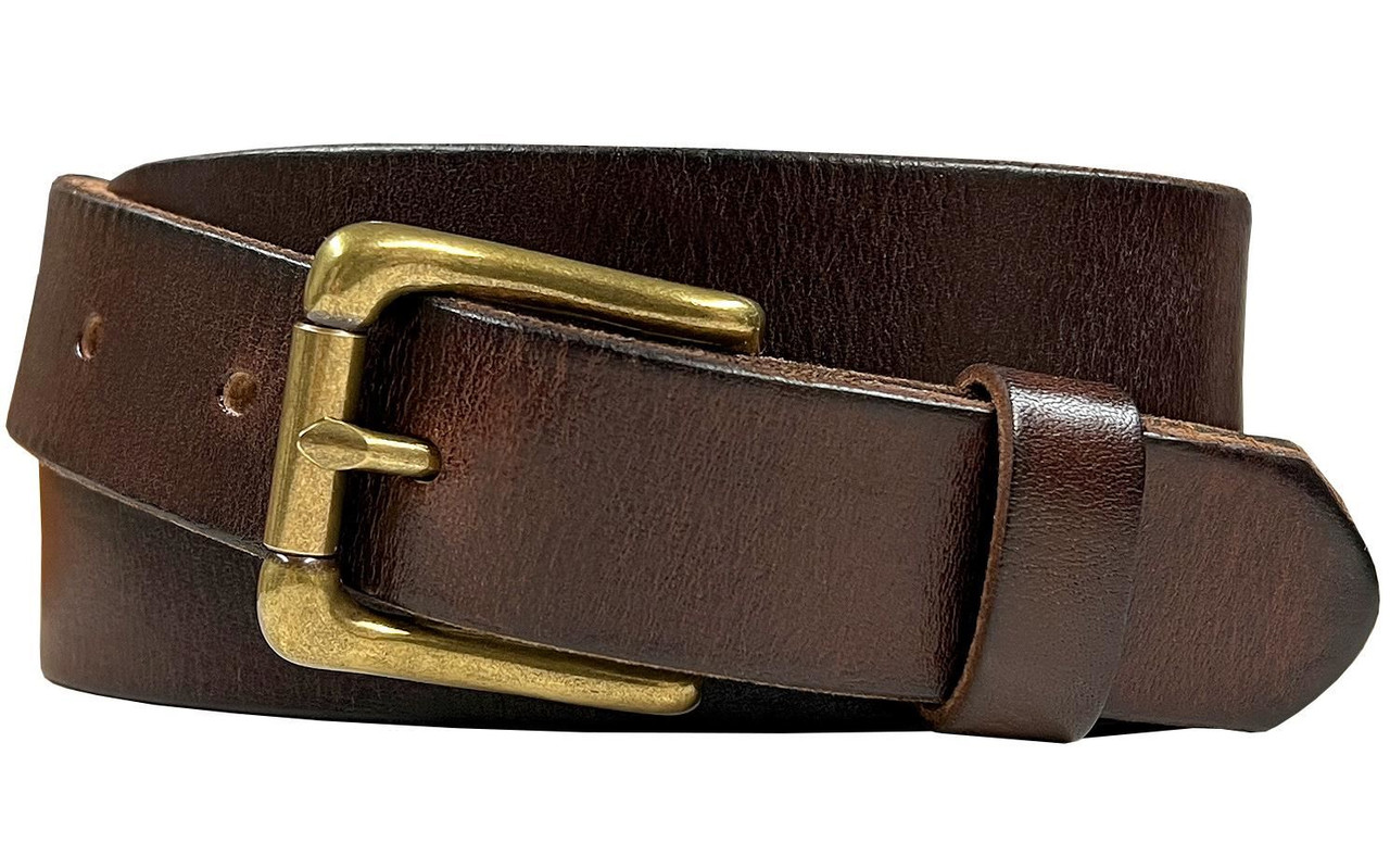 Solid Brass Roller Buckle Genuine Full Grain Leather Belt 1-1/8