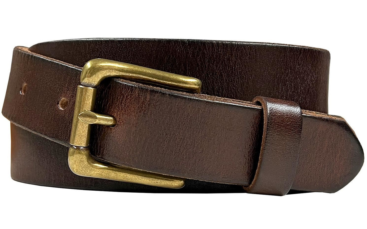 Silver round solid brass buckle - dark brown leather belt - 4cm width