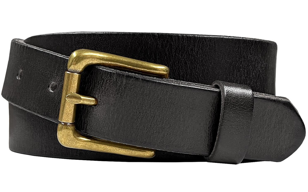 34mm Full Grain Real Leather Belt with Brass Colour Buckle - Black