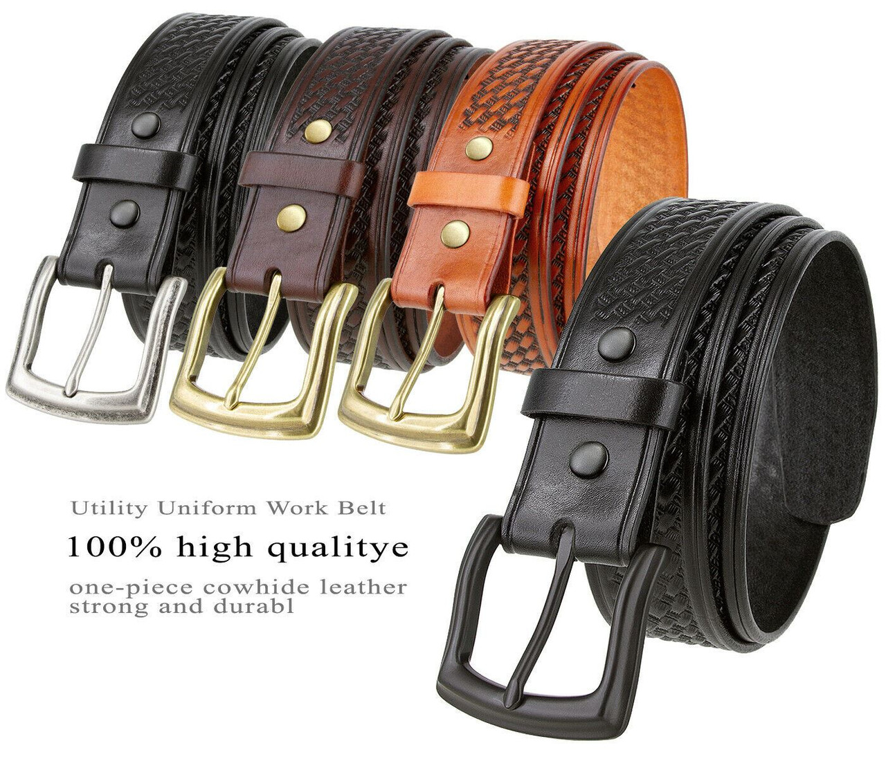 Utility Uniform Work Belt Basketweave One Piece Full Grain Cowhide Leather  Belt 1-1/2(38mm) Wide 
