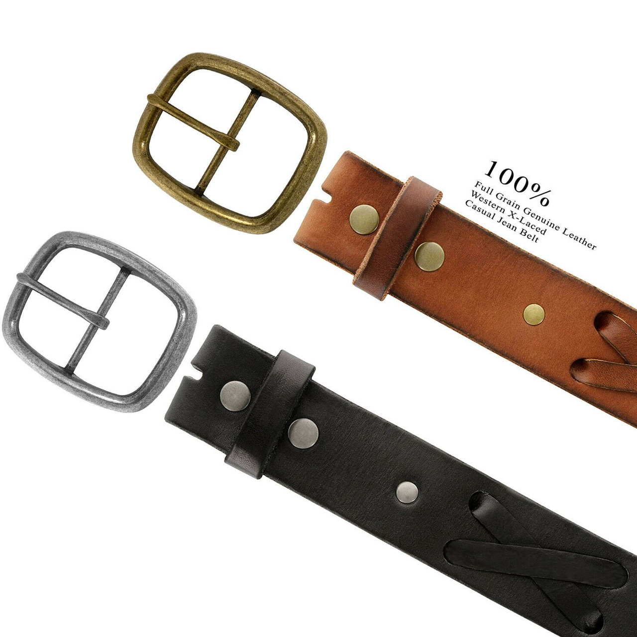 X-Laced Casual Jean Belt Genuine Full Grain Leather Belt 1-3/4