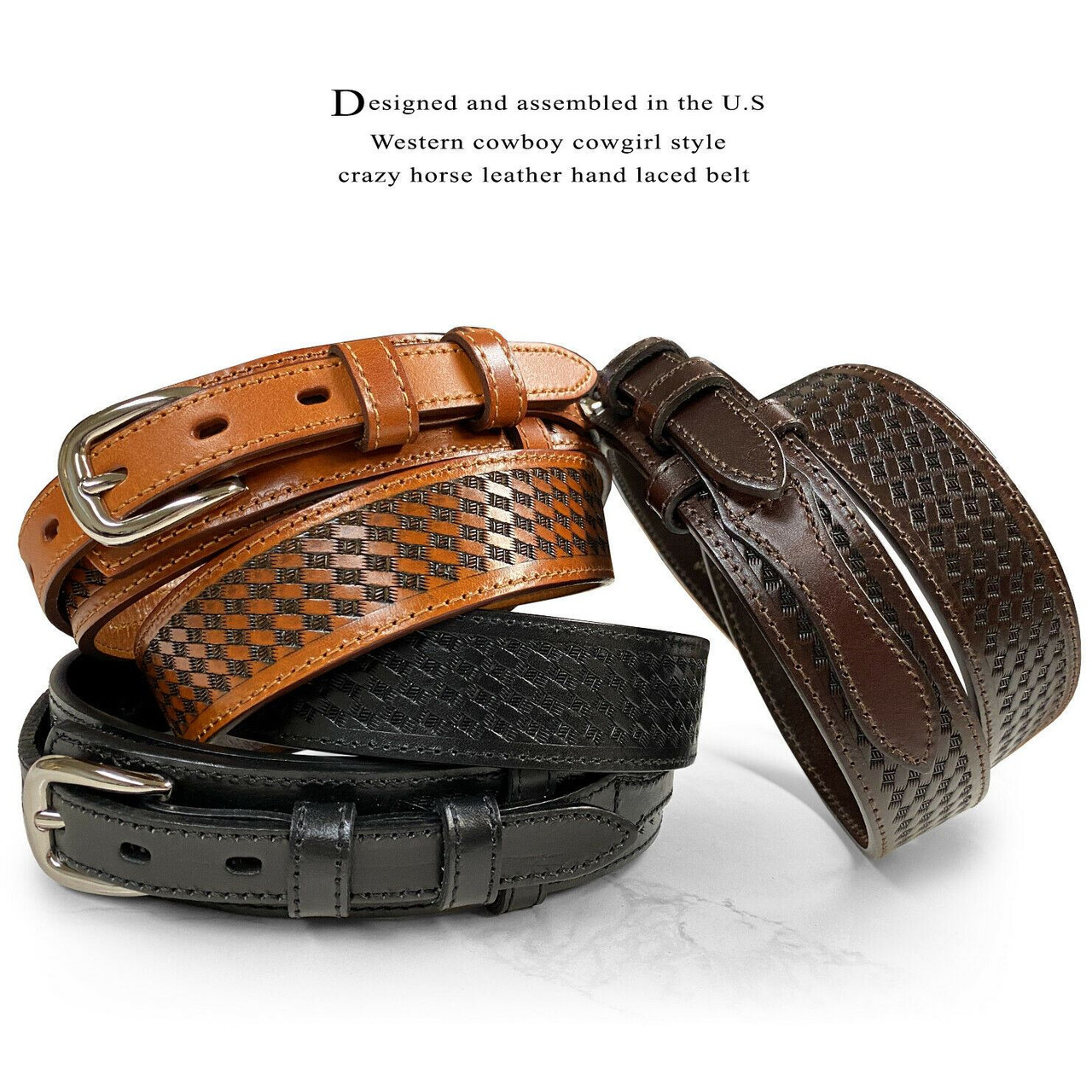 Genuine Full Grain Leather Basketweave Tooled Engraved Western