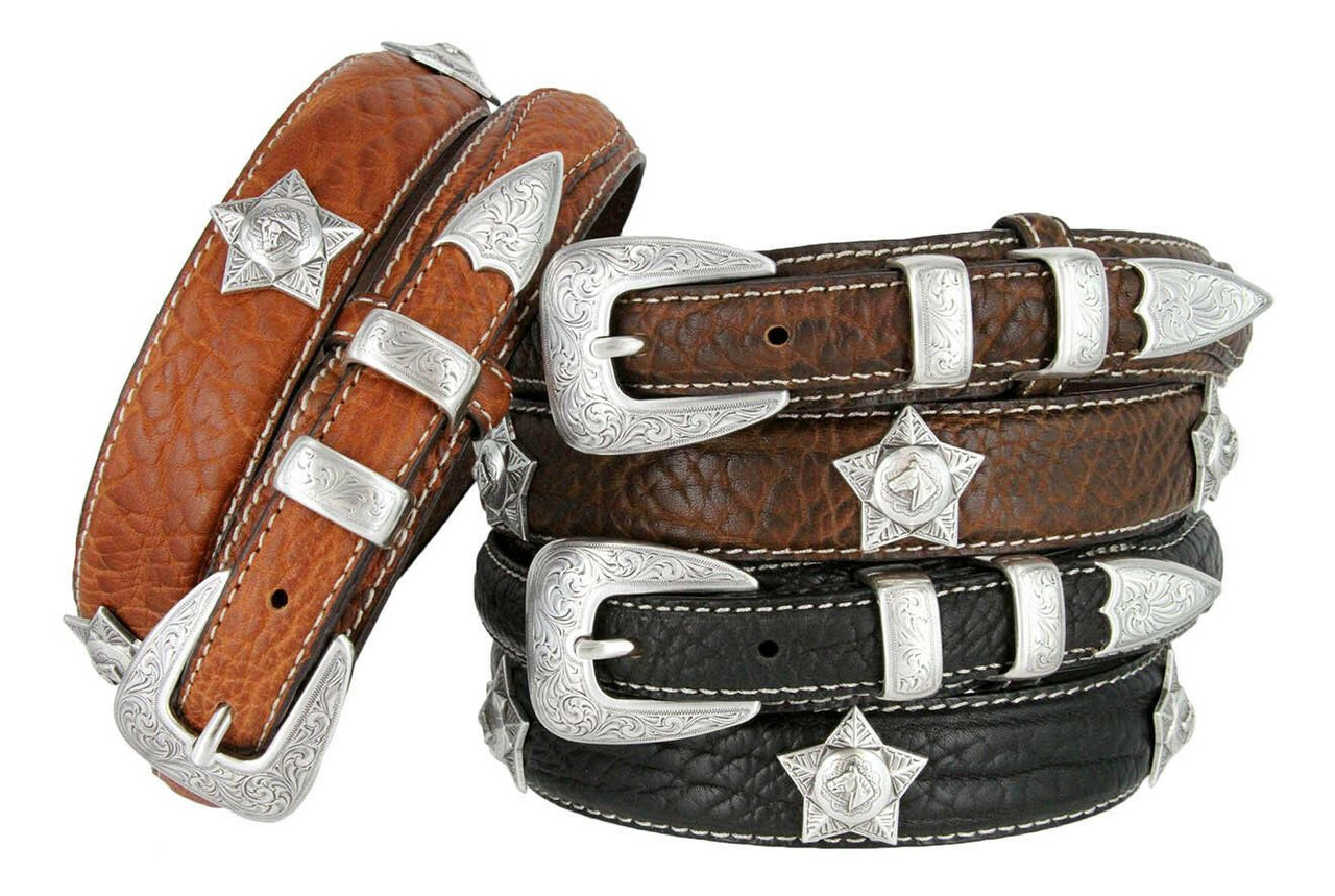 Western Silver Engraved Horsehead Star Conchos Belt Genuine